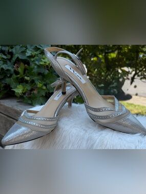 NINA 2” Silver KITTEN HEEL with Crystal Trim leather